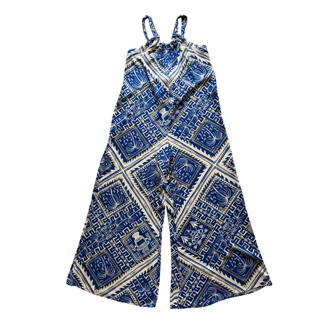 NWT Anthropologie Blue‎ Ivory Wide Leg Halter Jumpsuit Open Back Resortwear M